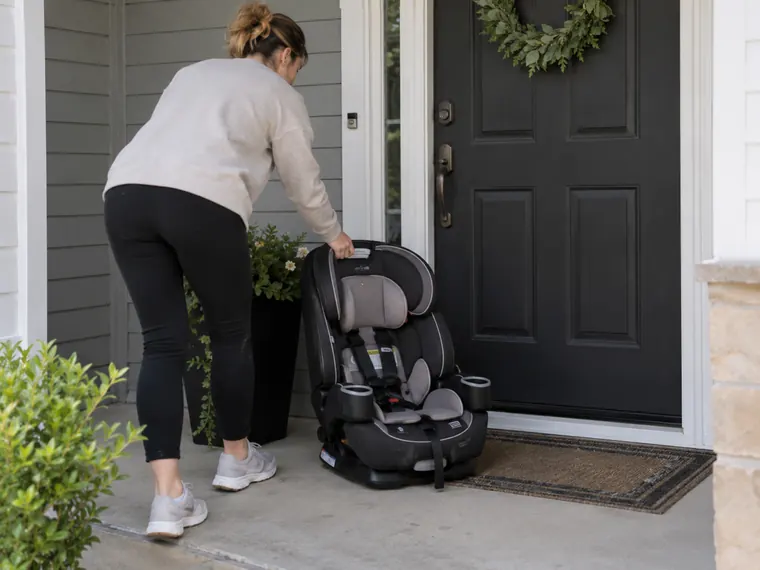 Parent setting a car seat on the front porch for pickup