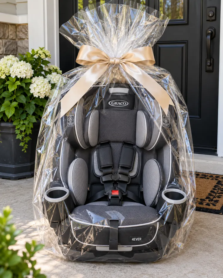 Freshly cleaned Graco car seat wrapped with a bow, returned to the porch